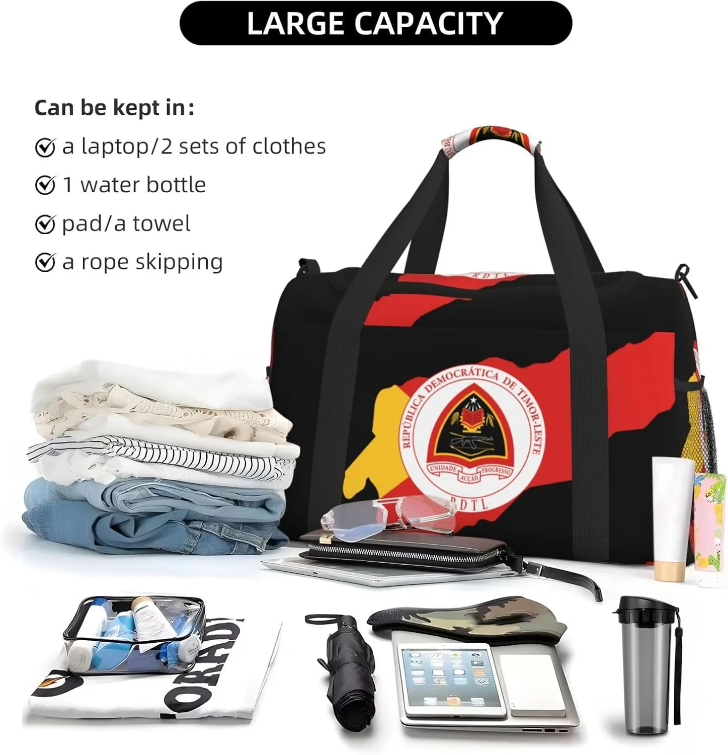 Flag Map Of East Timor Travel Duffel Bag Large Foldable Waterproof Overnight Bag For Beach Swim Bags Pool Sports Gym