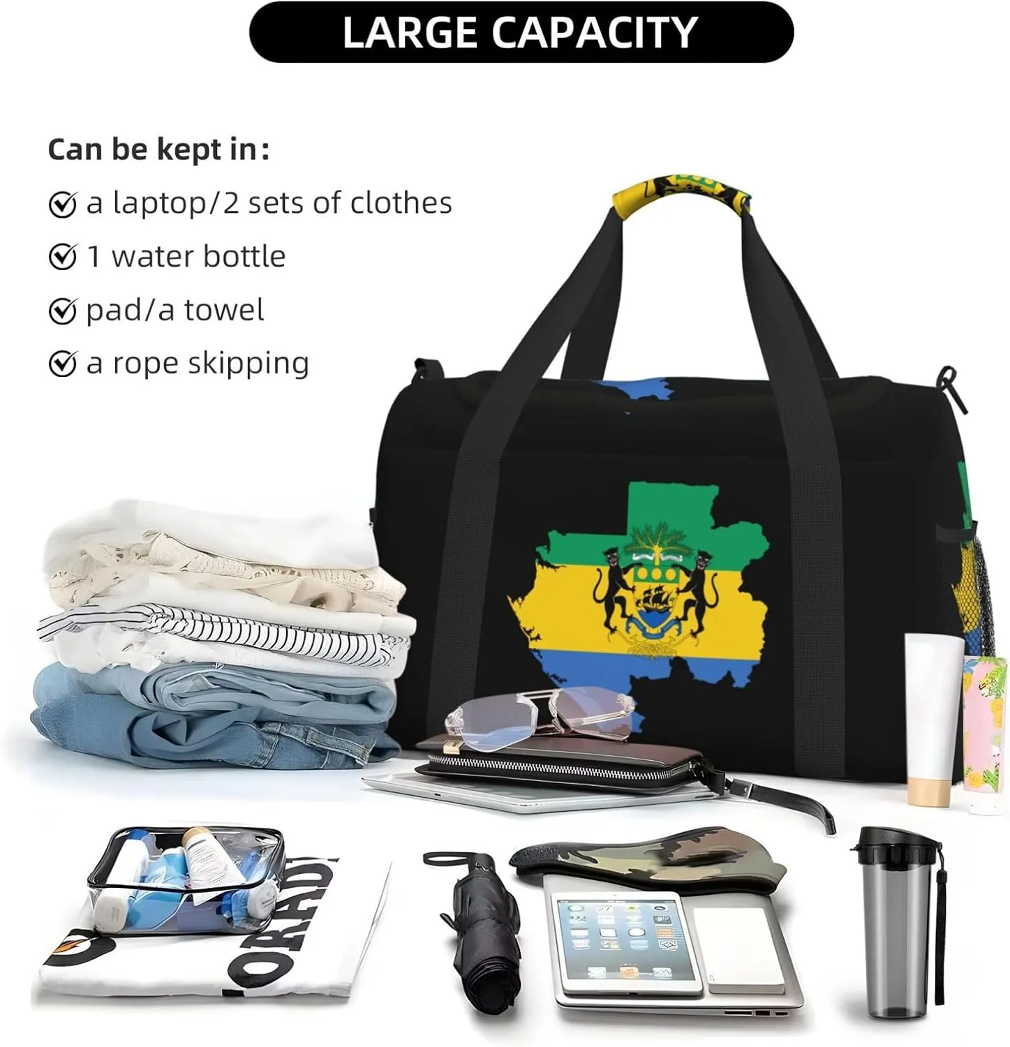 Flag Map Of Gabon Travel Duffel Bag Large Foldable Waterproof Overnight Bag For Beach Swim Bags Pool Sports Gym