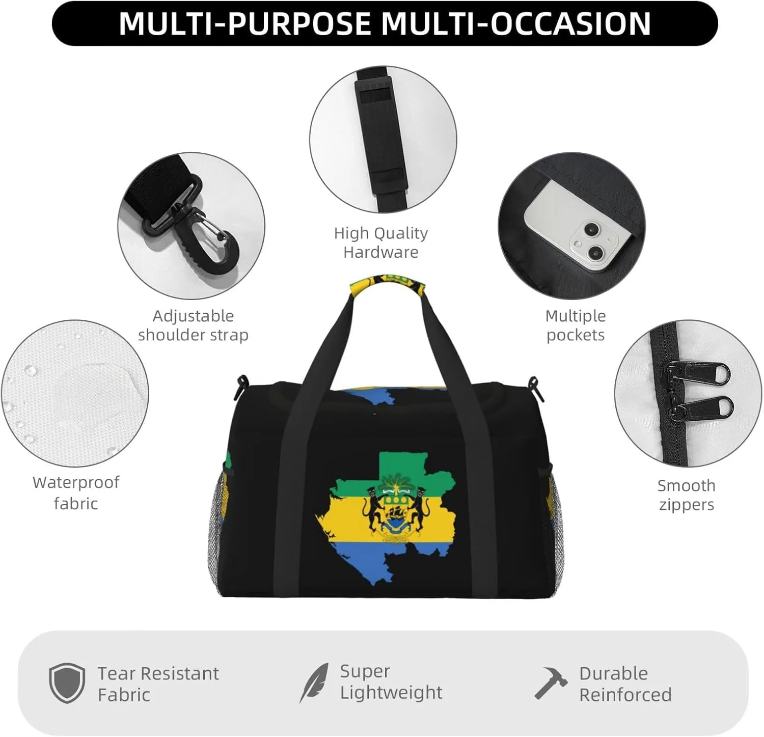 Flag Map Of Gabon Travel Duffel Bag Large Foldable Waterproof Overnight Bag For Beach Swim Bags Pool Sports Gym