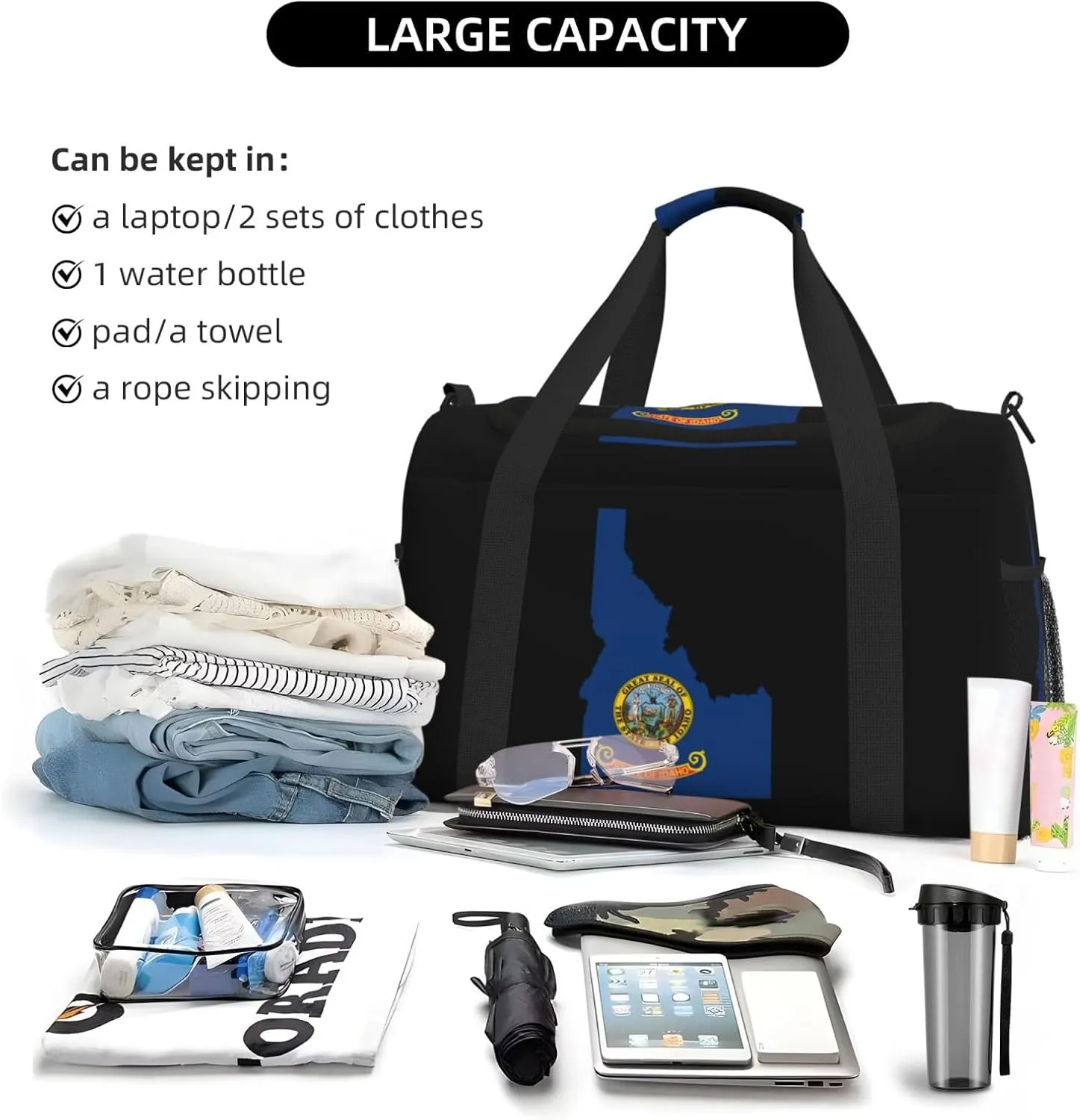 Flag Map Of Idaho Travel Duffel Bag Large Foldable Waterproof Overnight Bag For Beach Swim Bags Pool Sports Gym