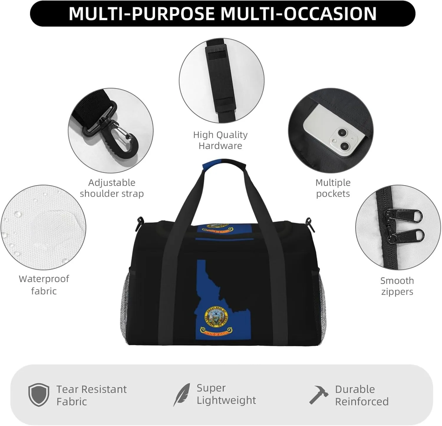 Flag Map Of Idaho Travel Duffel Bag Large Foldable Waterproof Overnight Bag For Beach Swim Bags Pool Sports Gym