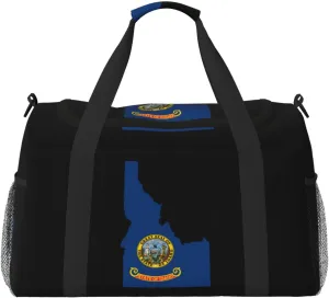 Flag Map Of Idaho Travel Duffel Bag Large Foldable Waterproof Overnight Bag For Beach Swim Bags Pool Sports Gym