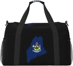 Flag Map Of Maine Travel Duffel Bag Large Foldable Waterproof Overnight Bag For Beach Swim Bags Pool Sports Gym