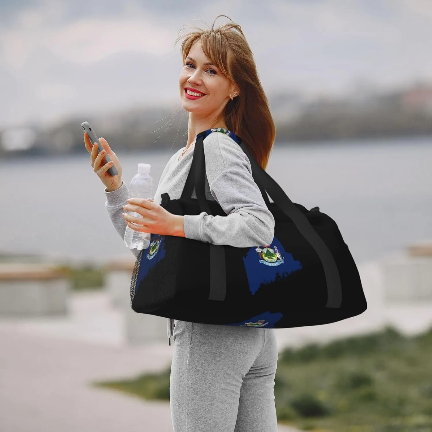 Flag Map Of Maine Travel Duffel Bag Large Foldable Waterproof Overnight Bag For Beach Swim Bags Pool Sports Gym