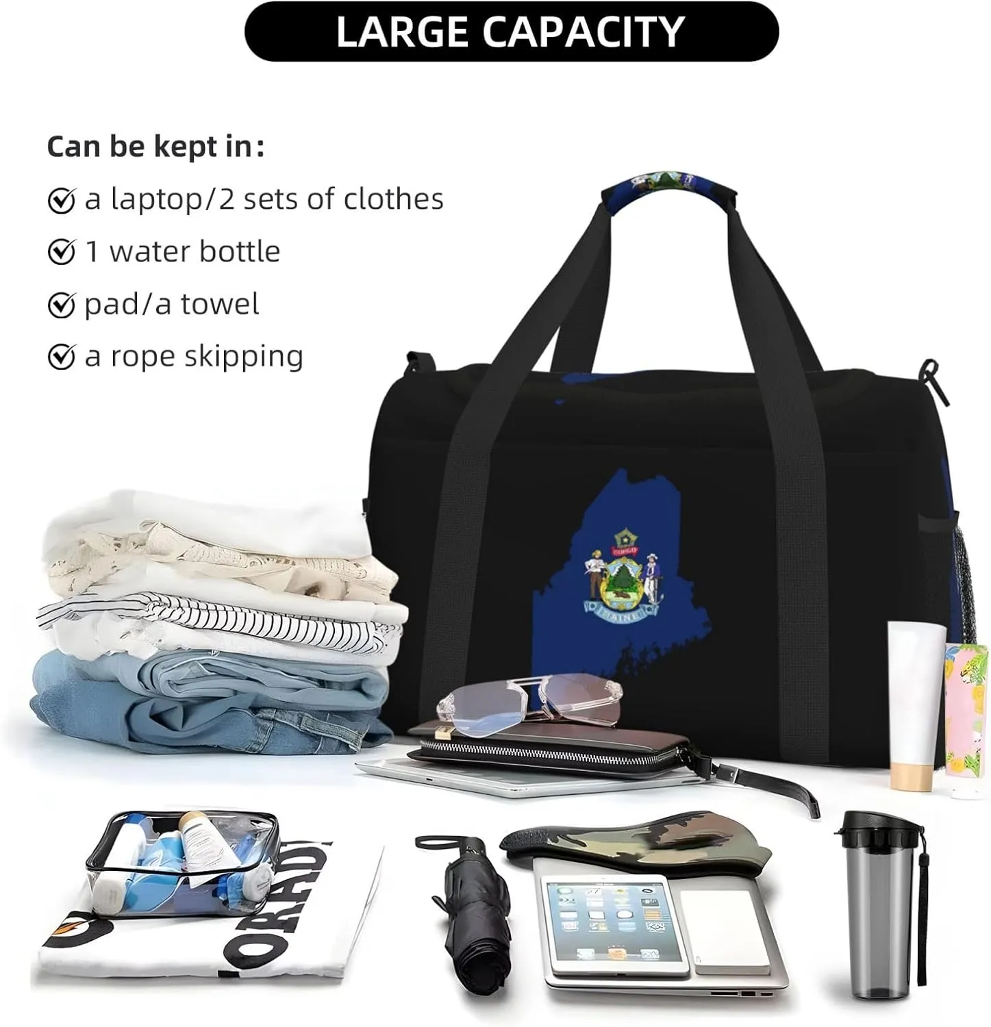 Flag Map Of Maine Travel Duffel Bag Large Foldable Waterproof Overnight Bag For Beach Swim Bags Pool Sports Gym