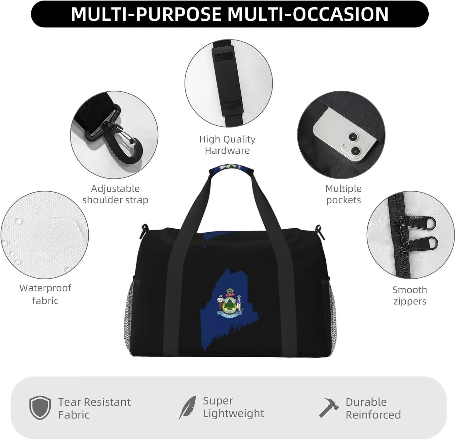Flag Map Of Maine Travel Duffel Bag Large Foldable Waterproof Overnight Bag For Beach Swim Bags Pool Sports Gym