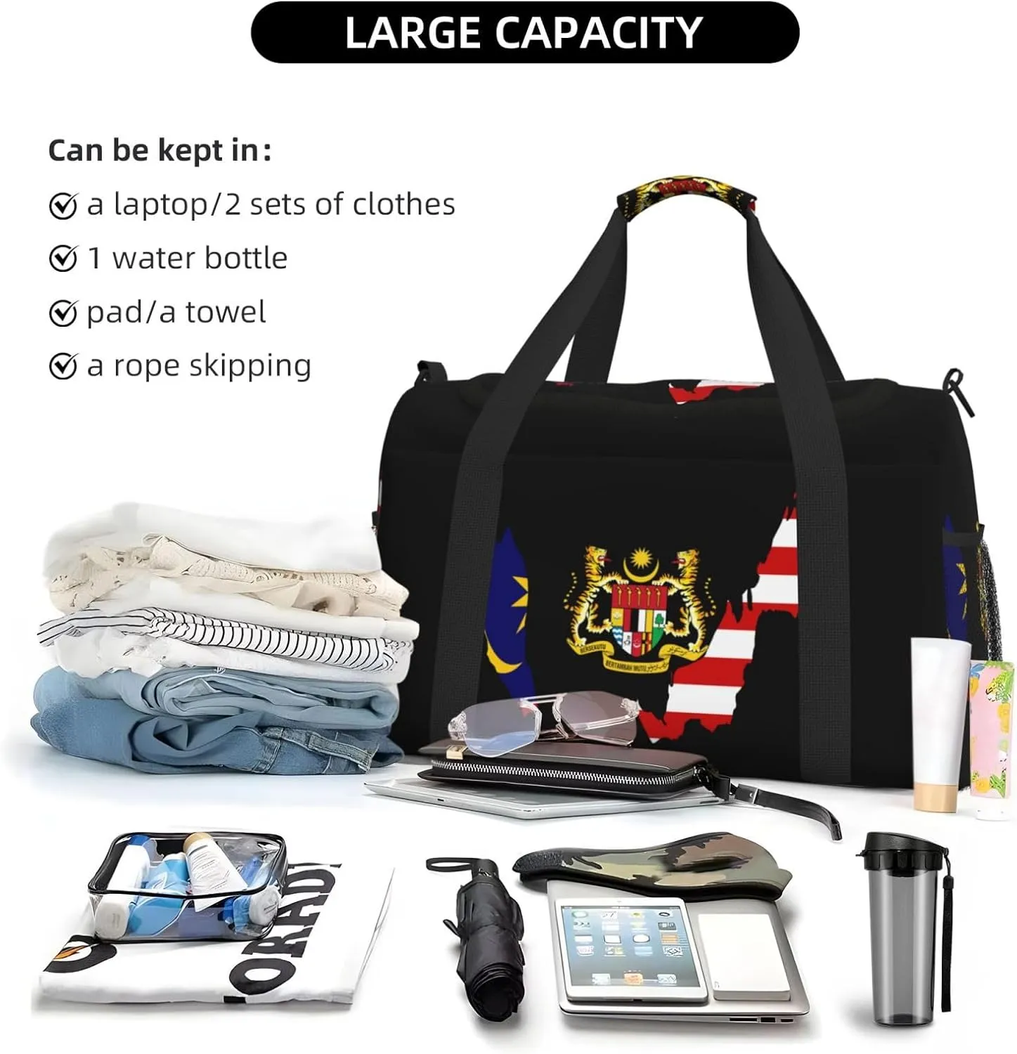 Flag Map Of Malaysia Travel Duffel Bag Large Foldable Waterproof Overnight Bag For Beach Swim Bags Pool Sports Gym