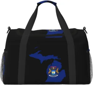 Flag Map Of Michigan Travel Duffel Bag Large Foldable Waterproof Overnight Bag For Beach Swim Bags Pool Sports Gym