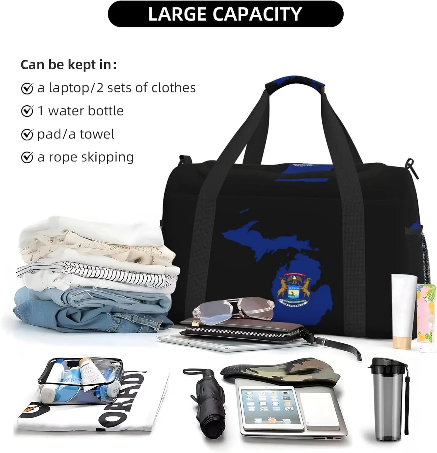 Flag Map Of Michigan Travel Duffel Bag Large Foldable Waterproof Overnight Bag For Beach Swim Bags Pool Sports Gym