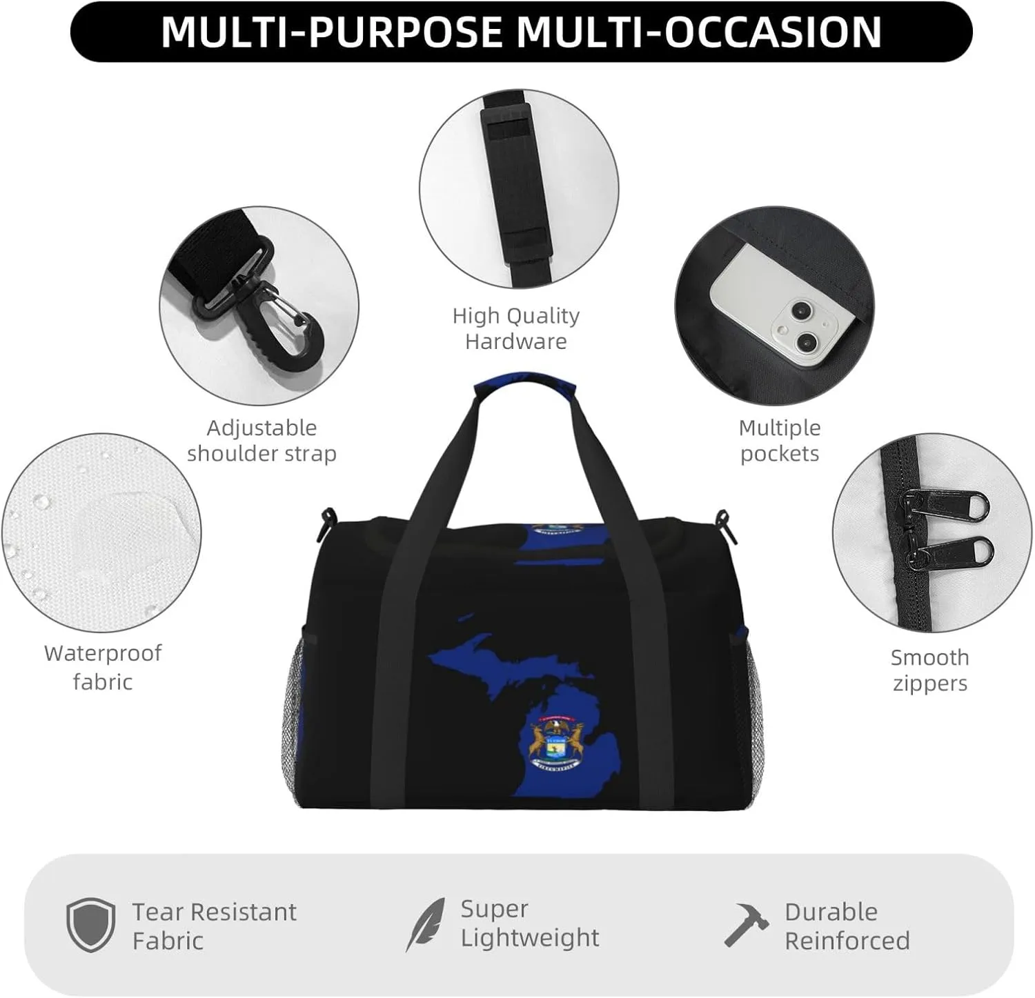 Flag Map Of Michigan Travel Duffel Bag Large Foldable Waterproof Overnight Bag For Beach Swim Bags Pool Sports Gym
