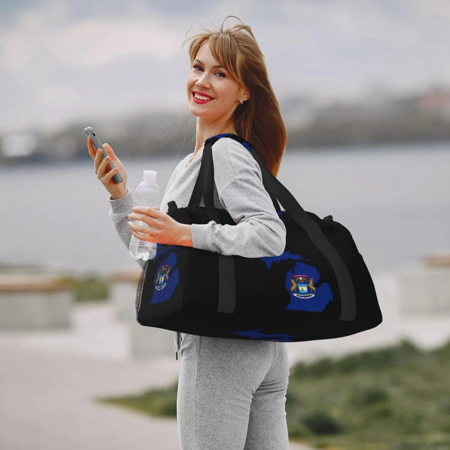 Flag Map Of Michigan Travel Duffel Bag Large Foldable Waterproof Overnight Bag For Beach Swim Bags Pool Sports Gym
