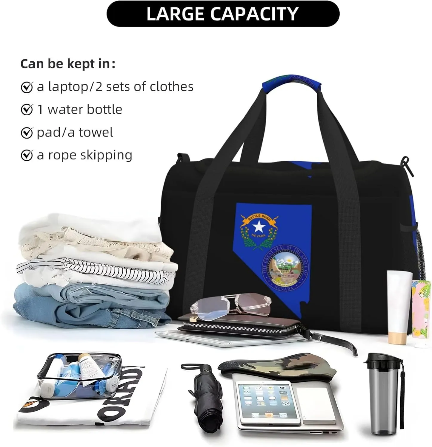 Flag Map Of Nevada Travel Duffel Bag Large Foldable Waterproof Overnight Bag For Beach Swim Bags Pool Sports Gym