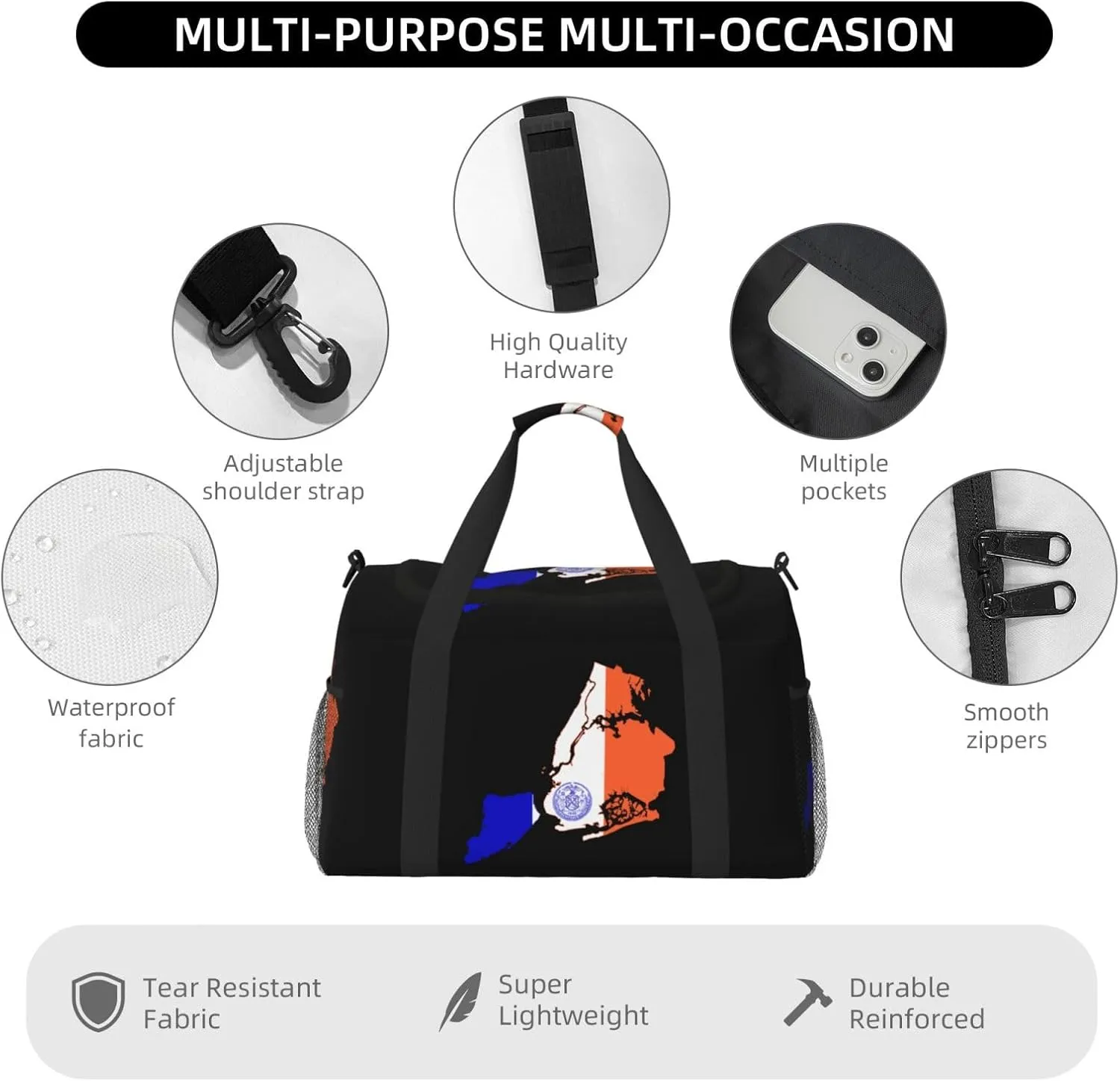 Flag Map Of New York City Travel Duffel Bag Large Foldable Waterproof Overnight Bag For Beach Swim Bags Pool Sports Gym