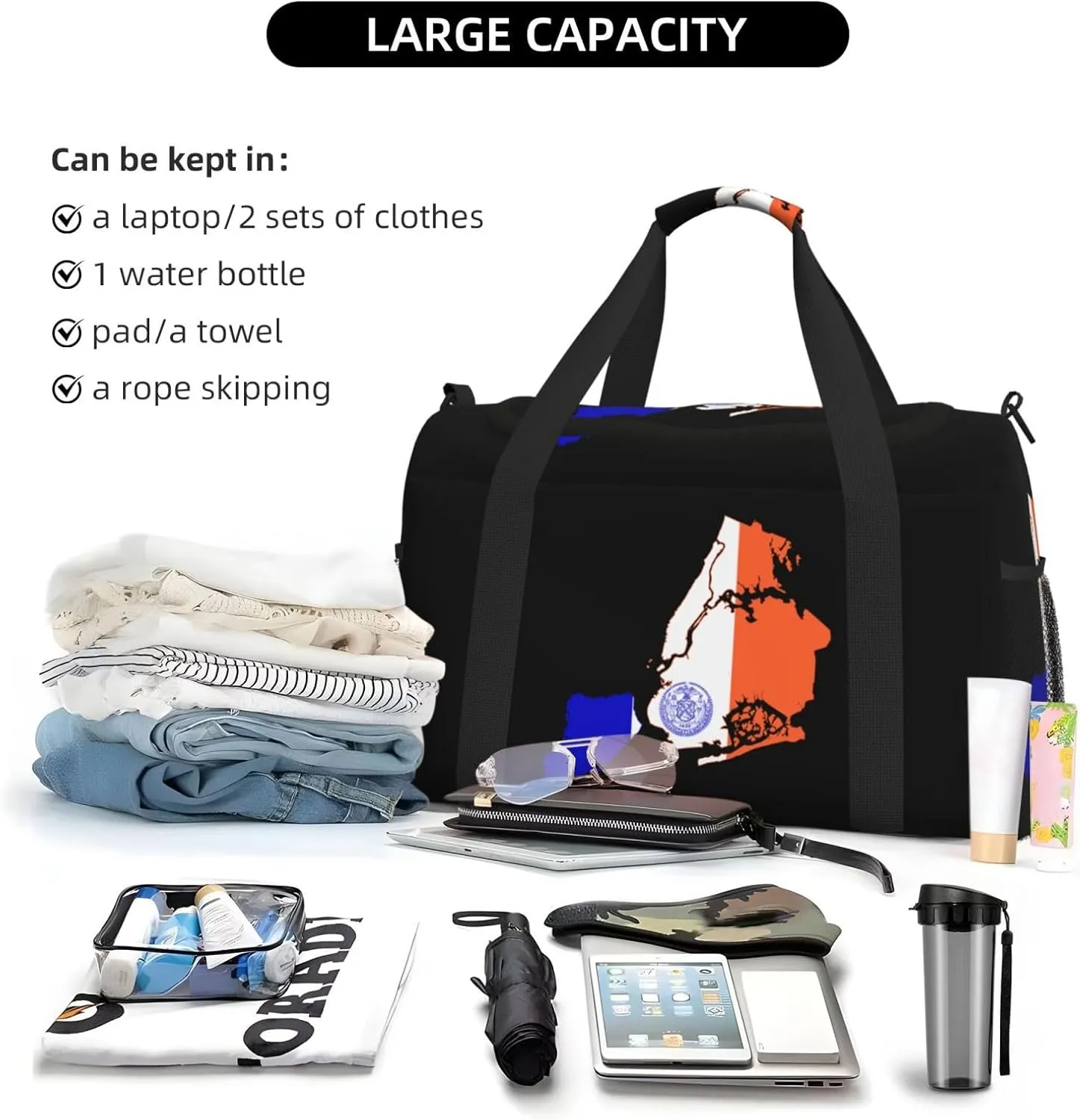 Flag Map Of New York City Travel Duffel Bag Large Foldable Waterproof Overnight Bag For Beach Swim Bags Pool Sports Gym