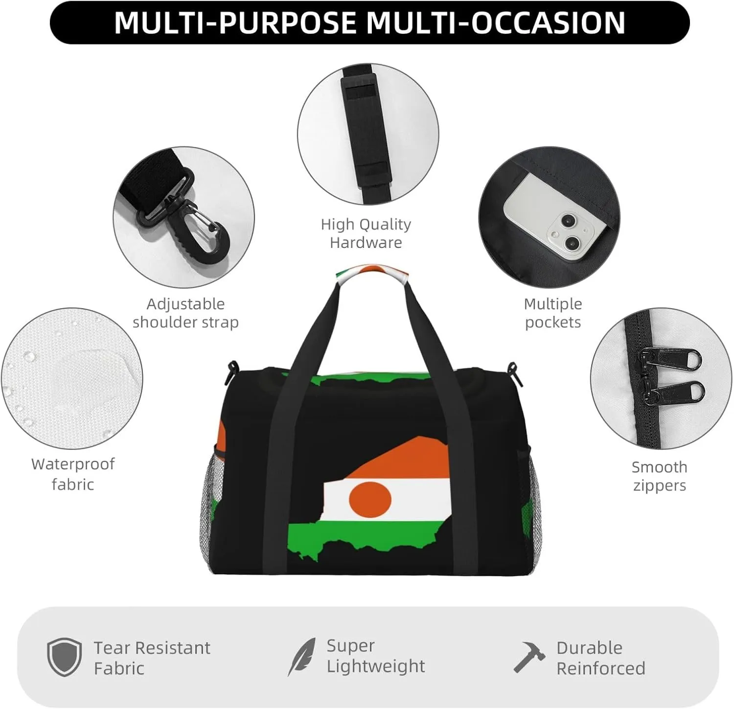 Flag Map Of Niger Travel Duffel Bag Large Foldable Waterproof Overnight Bag For Beach Swim Bags Pool Sports Gym