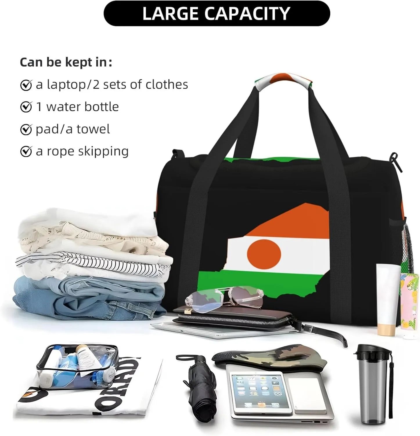Flag Map Of Niger Travel Duffel Bag Large Foldable Waterproof Overnight Bag For Beach Swim Bags Pool Sports Gym