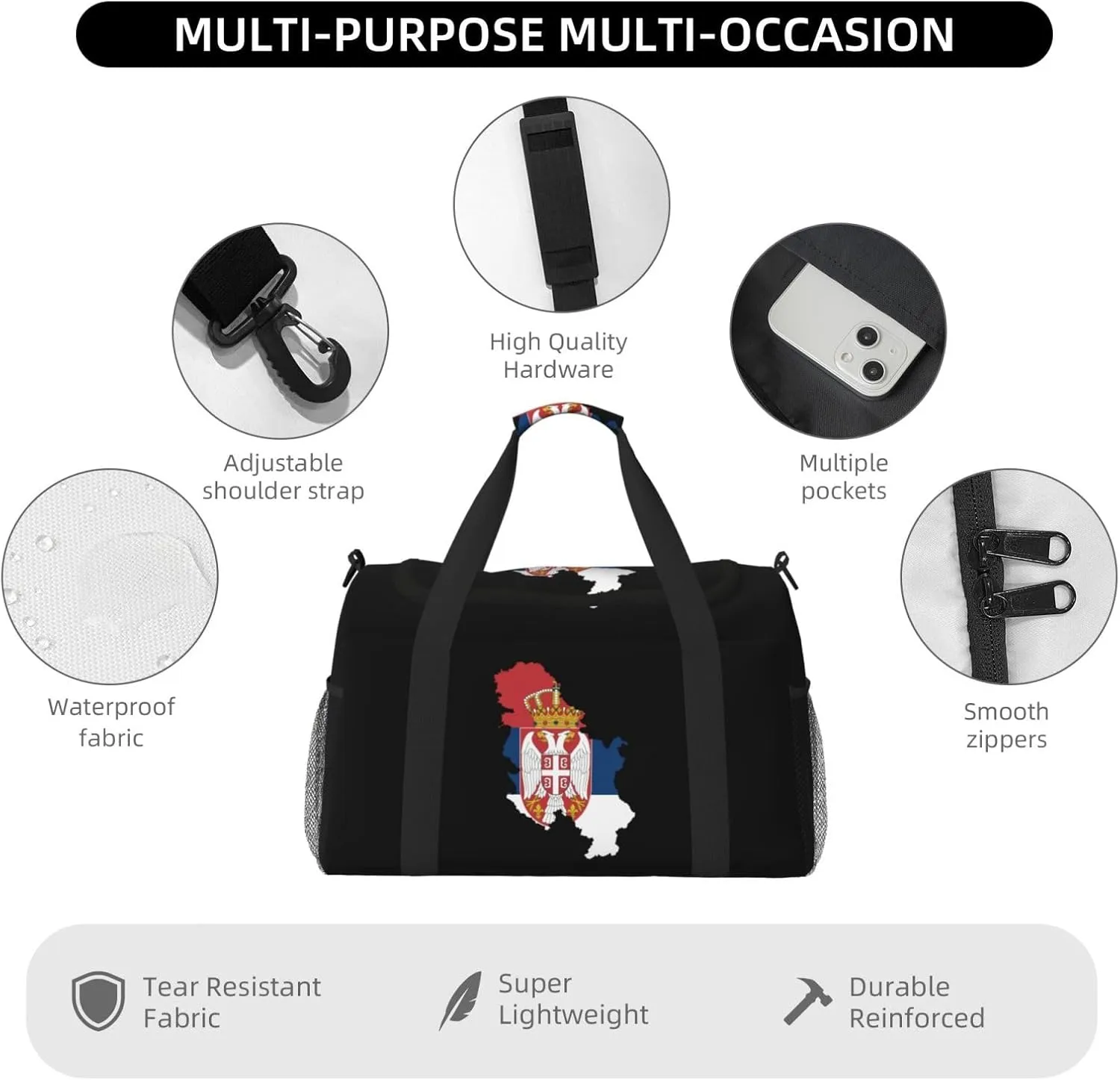 Flag Map Of Serbia Travel Duffel Bag Large Foldable Waterproof Overnight Bag For Beach Swim Bags Pool Sports Gym