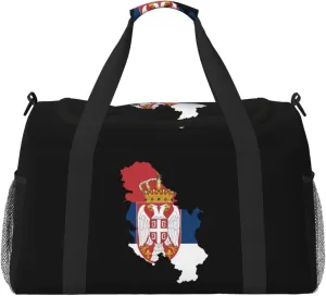 Flag Map Of Serbia Travel Duffel Bag Large Foldable Waterproof Overnight Bag For Beach Swim Bags Pool Sports Gym
