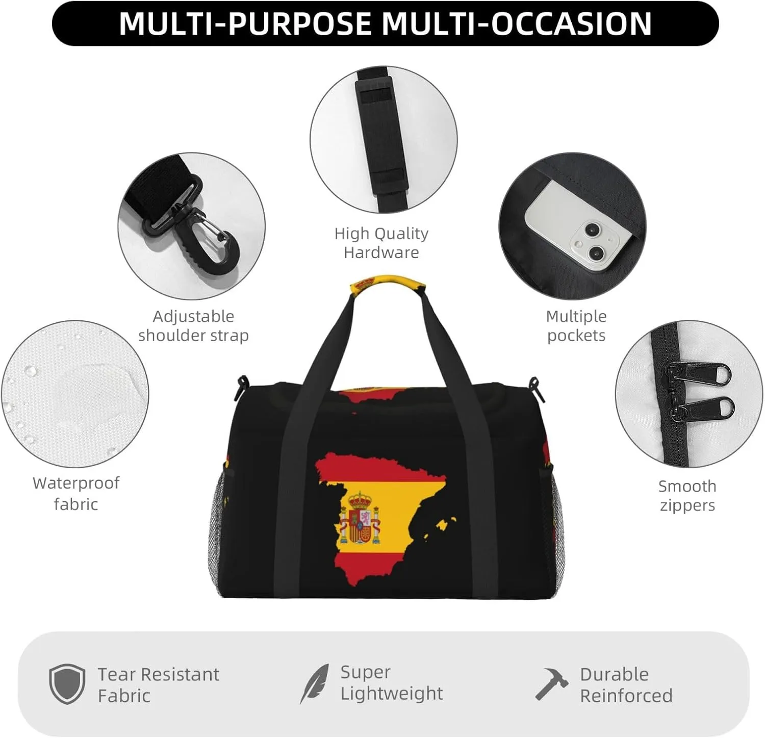 Flag Map Of Spain Travel Duffel Bag Large Foldable Waterproof Overnight Bag For Beach Swim Bags Pool Sports Gym