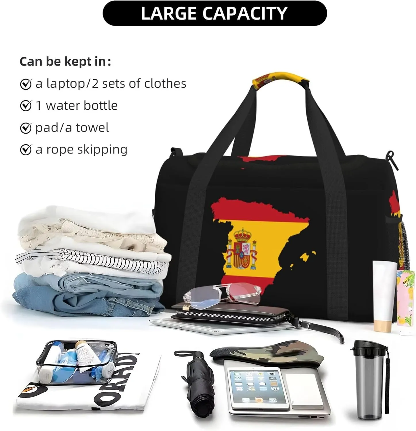 Flag Map Of Spain Travel Duffel Bag Large Foldable Waterproof Overnight Bag For Beach Swim Bags Pool Sports Gym