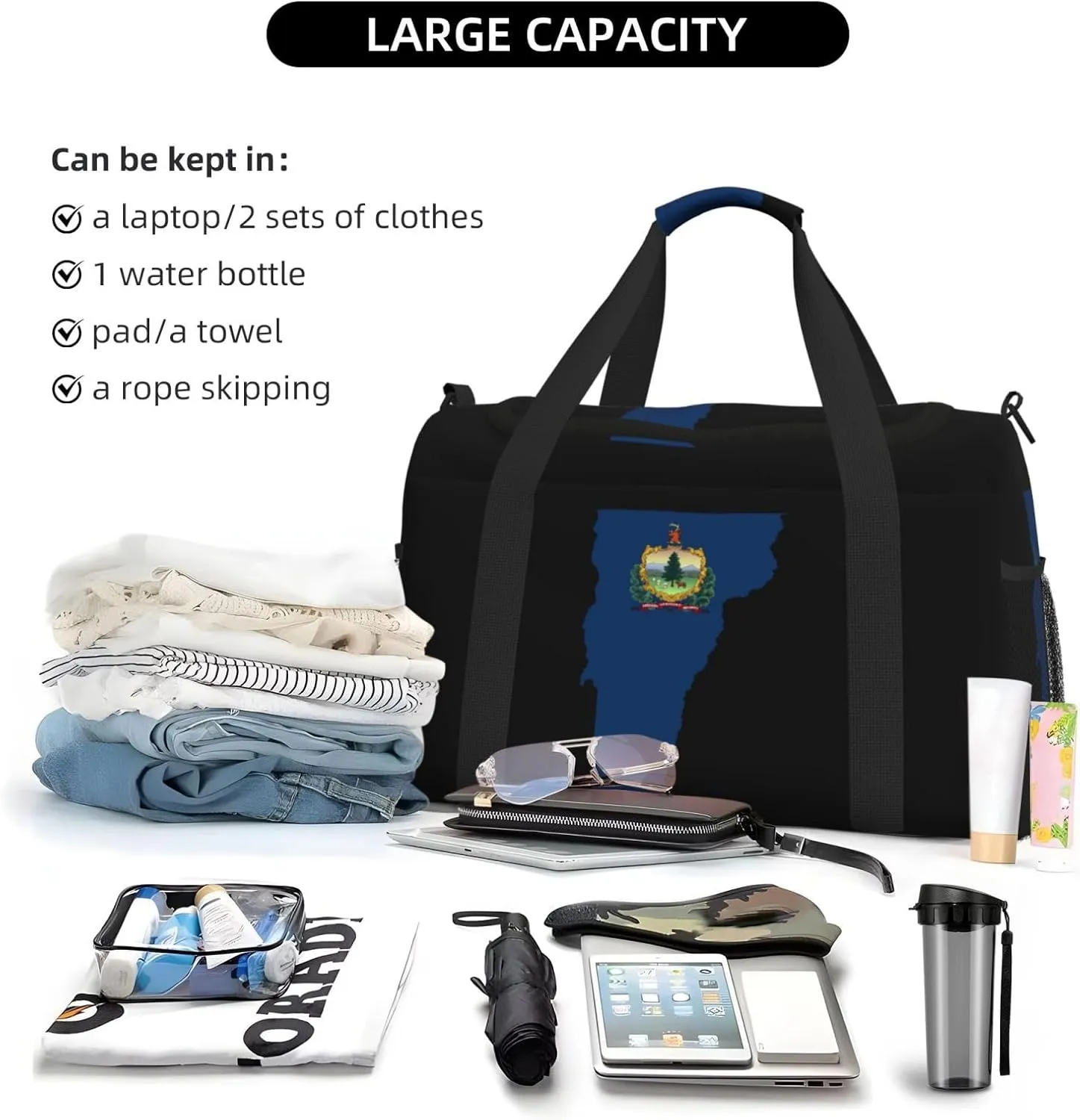 Flag Map Of Vermont Travel Duffel Bag Large Foldable Waterproof Overnight Bag For Beach Swim Bags Pool Sports Gym