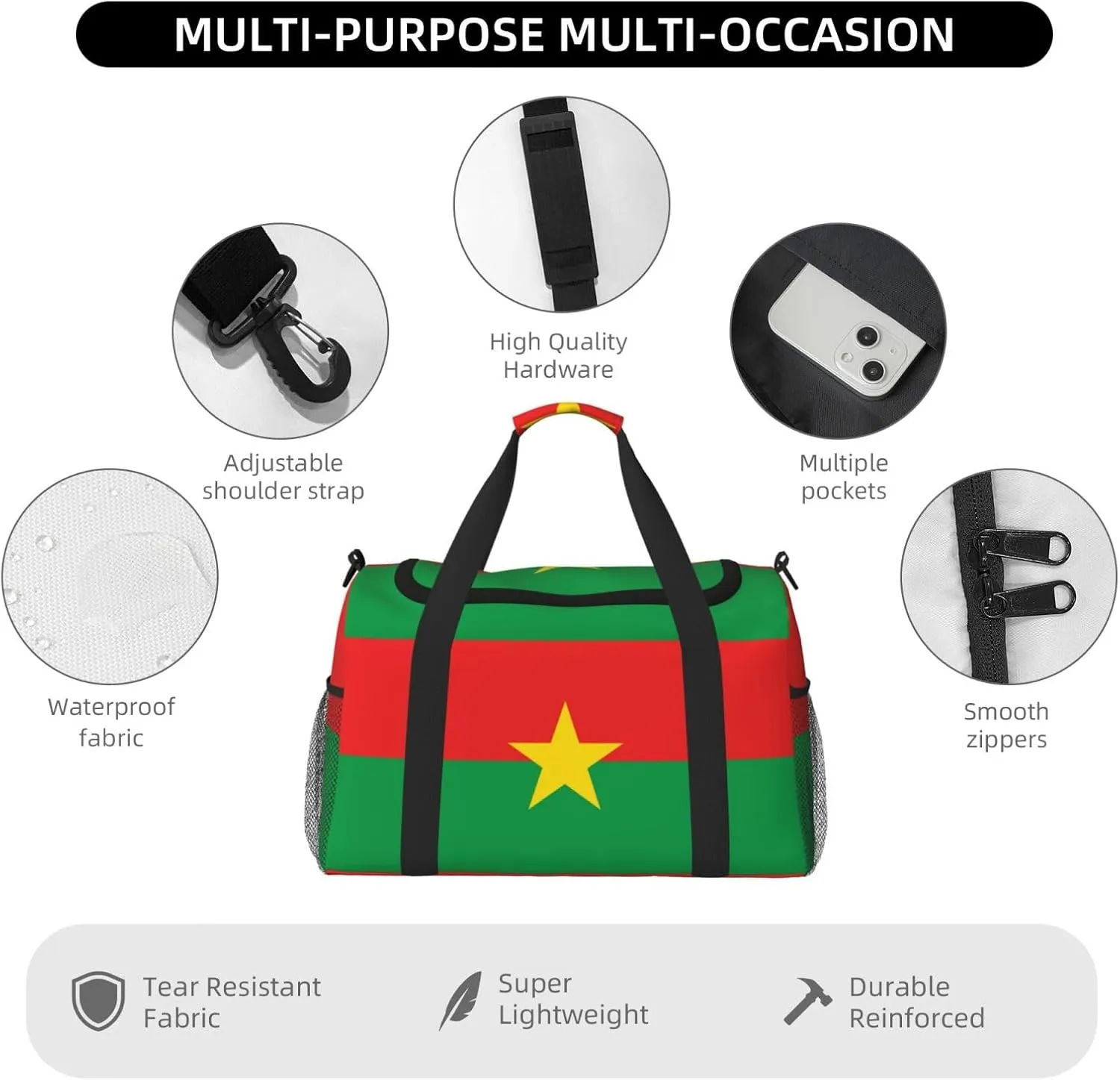 Flag Of Burkina Travel Duffel Bag Large Foldable Waterproof Overnight Bag For Beach Swim Bags Pool Sports Gym