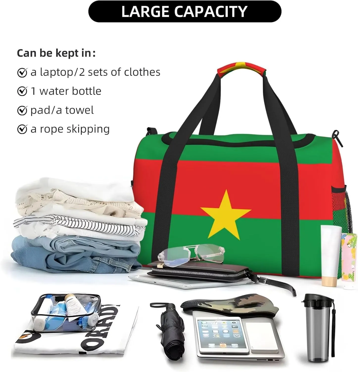 Flag Of Burkina Travel Duffel Bag Large Foldable Waterproof Overnight Bag For Beach Swim Bags Pool Sports Gym