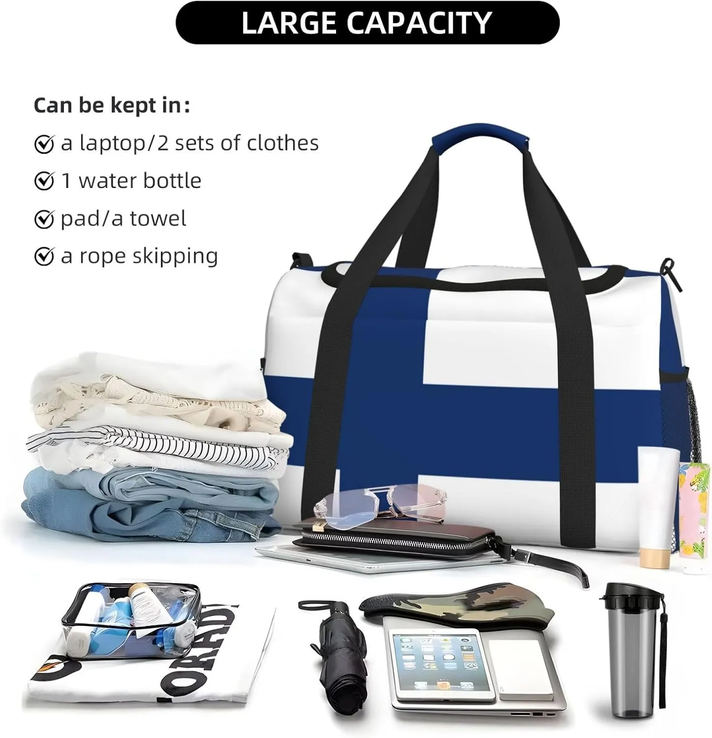 Flag Of Finland Travel Duffel Bag Large Foldable Waterproof Overnight Bag For Beach Swim Bags Pool Sports Gym