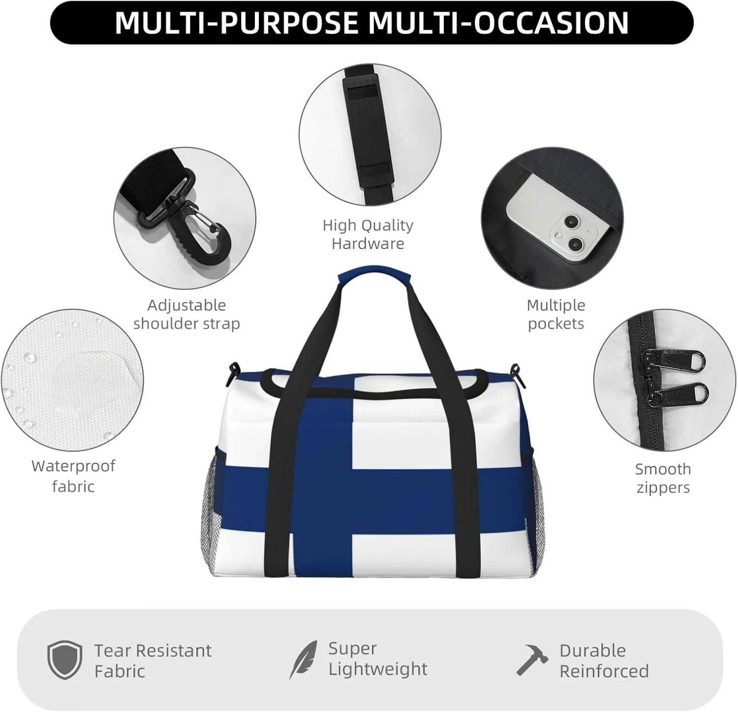 Flag Of Finland Travel Duffel Bag Large Foldable Waterproof Overnight Bag For Beach Swim Bags Pool Sports Gym