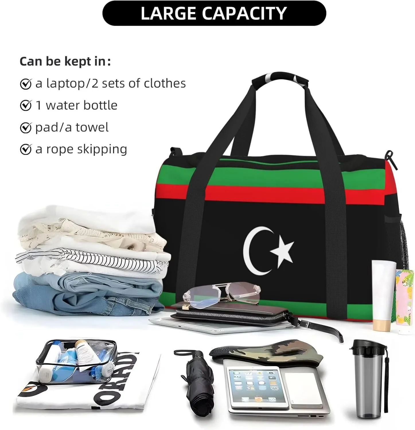 Flag Of Libya Travel Duffel Bag Large Foldable Waterproof Overnight Bag For Beach Swim Bags Pool Sports Gym
