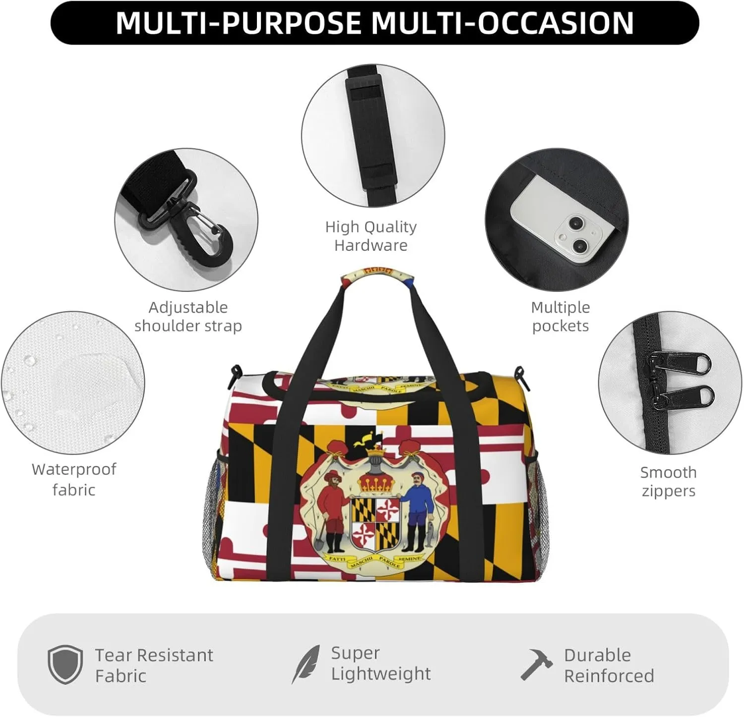 Flag Of Maryland Travel Duffel Bag Large Foldable Waterproof Overnight Bag For Beach Swim Bags Pool Sports Gym
