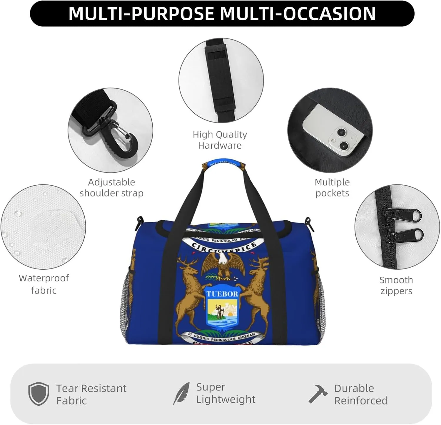 Flag Of Michigan Travel Duffel Bag Large Foldable Waterproof Overnight Bag For Beach Swim Bags Pool Sports Gym