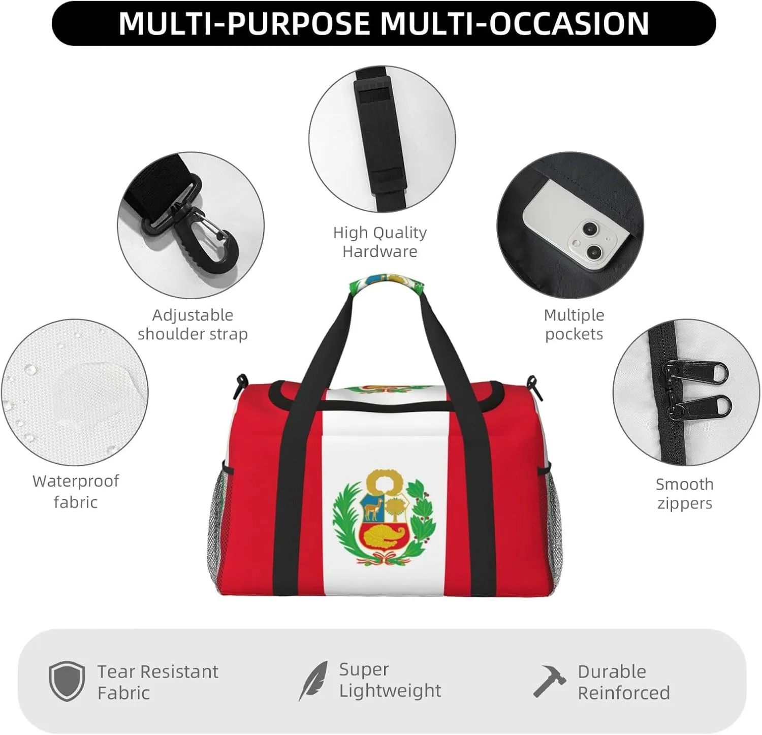Flag Of Peru Travel Bag, Weekender Bags For Women Men For Outdoor Adventures, Ideal For Camping And Hiking