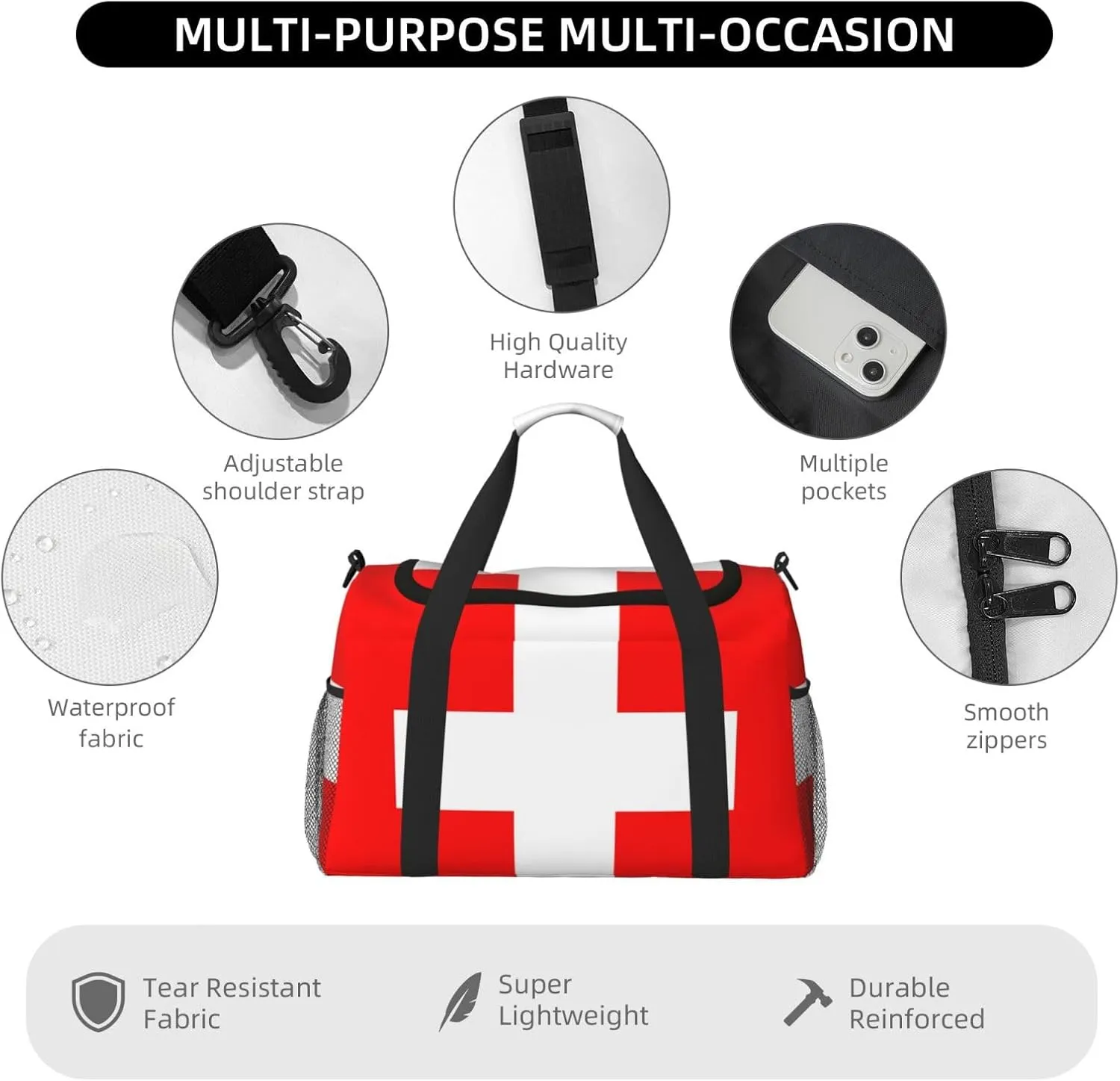 Flag Of Switzerland Travel Duffel Bag Large Foldable Waterproof Overnight Bag For Beach Swim Bags Pool Sports Gym