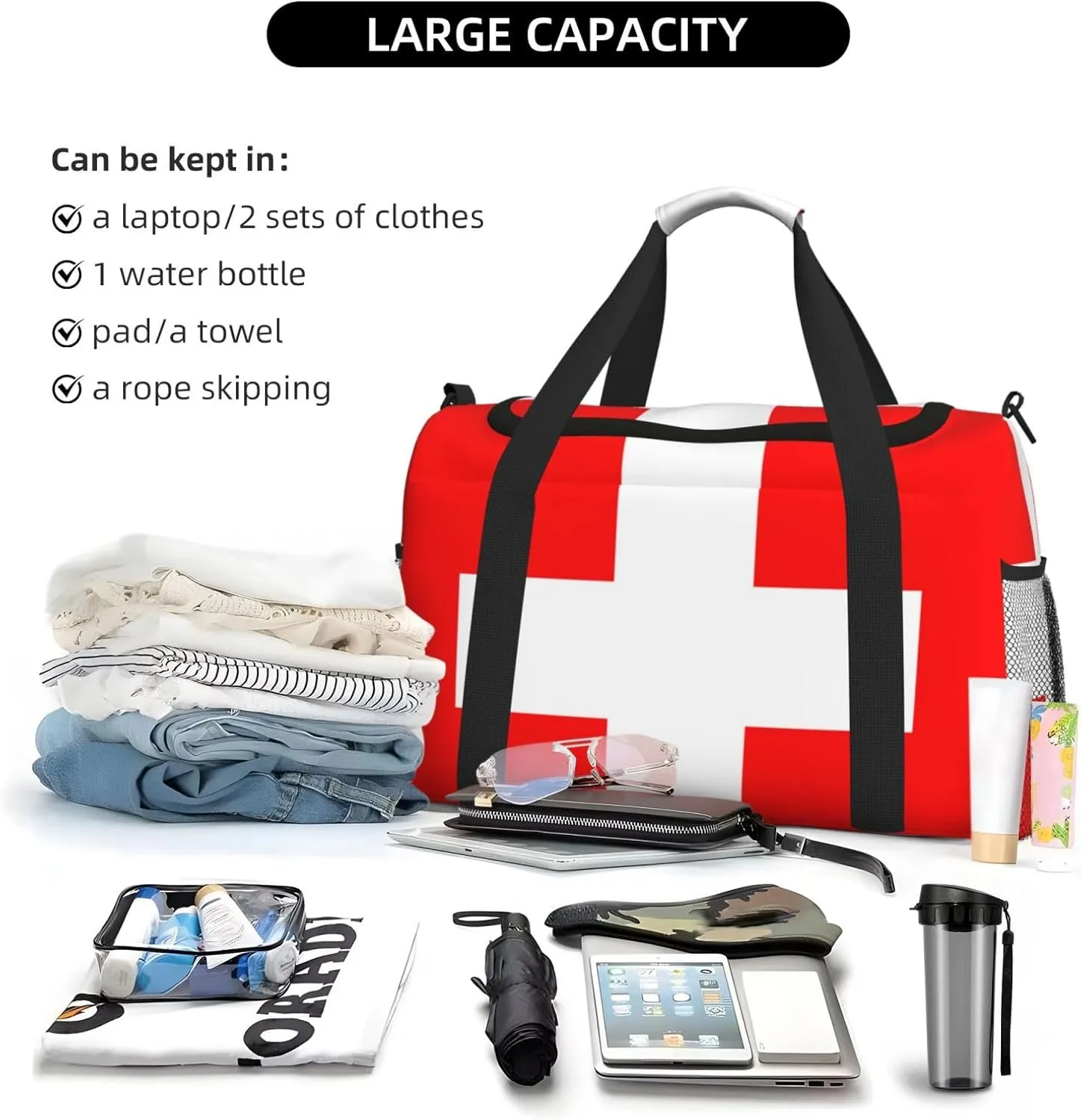 Flag Of Switzerland Travel Duffel Bag Large Foldable Waterproof Overnight Bag For Beach Swim Bags Pool Sports Gym