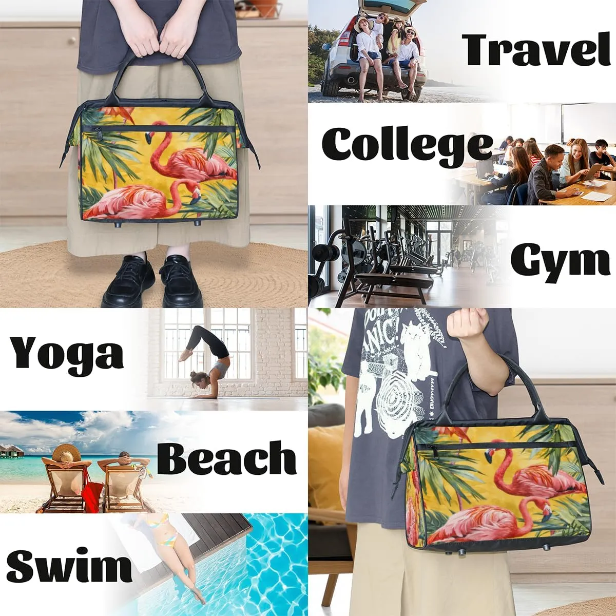 Flamingo Animal Leaf Duffelbag Waterproof Polyester Overnight Weekend Bags Fitness Travel Sports Bag Airplane Carry-on Bag for Gym Beach Travel Daily Shopping