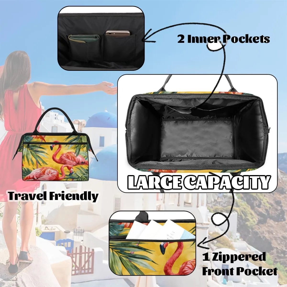 Flamingo Animal Leaf Duffelbag Waterproof Polyester Overnight Weekend Bags Fitness Travel Sports Bag Airplane Carry-on Bag for Gym Beach Travel Daily Shopping