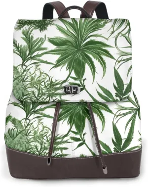 Flowering Herbs And Herbaceous Plants Print Leather Backpack Bags For Women Fashion Shoulder Bags Large Travel Hiking Daypacks