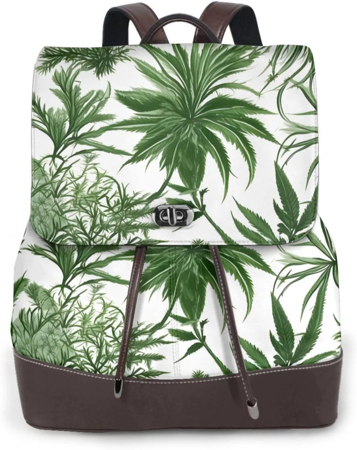 Flowering Herbs And Herbaceous Plants Print Leather Backpack Bags For Women Fashion Shoulder Bags Large Travel Hiking Daypacks