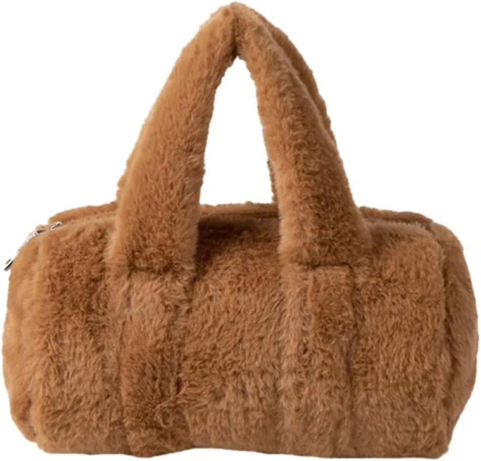 Fluffy Purse for Women Furry Cylindrical Handbag Faux Fur Small Totes Cute Fuzzy Ladies Purse Satchel for Winter Fall
