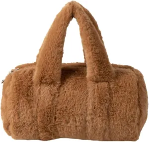 Fluffy Purse for Women Furry Cylindrical Handbag Faux Fur Small Totes Cute Fuzzy Ladies Purse Satchel for Winter Fall
