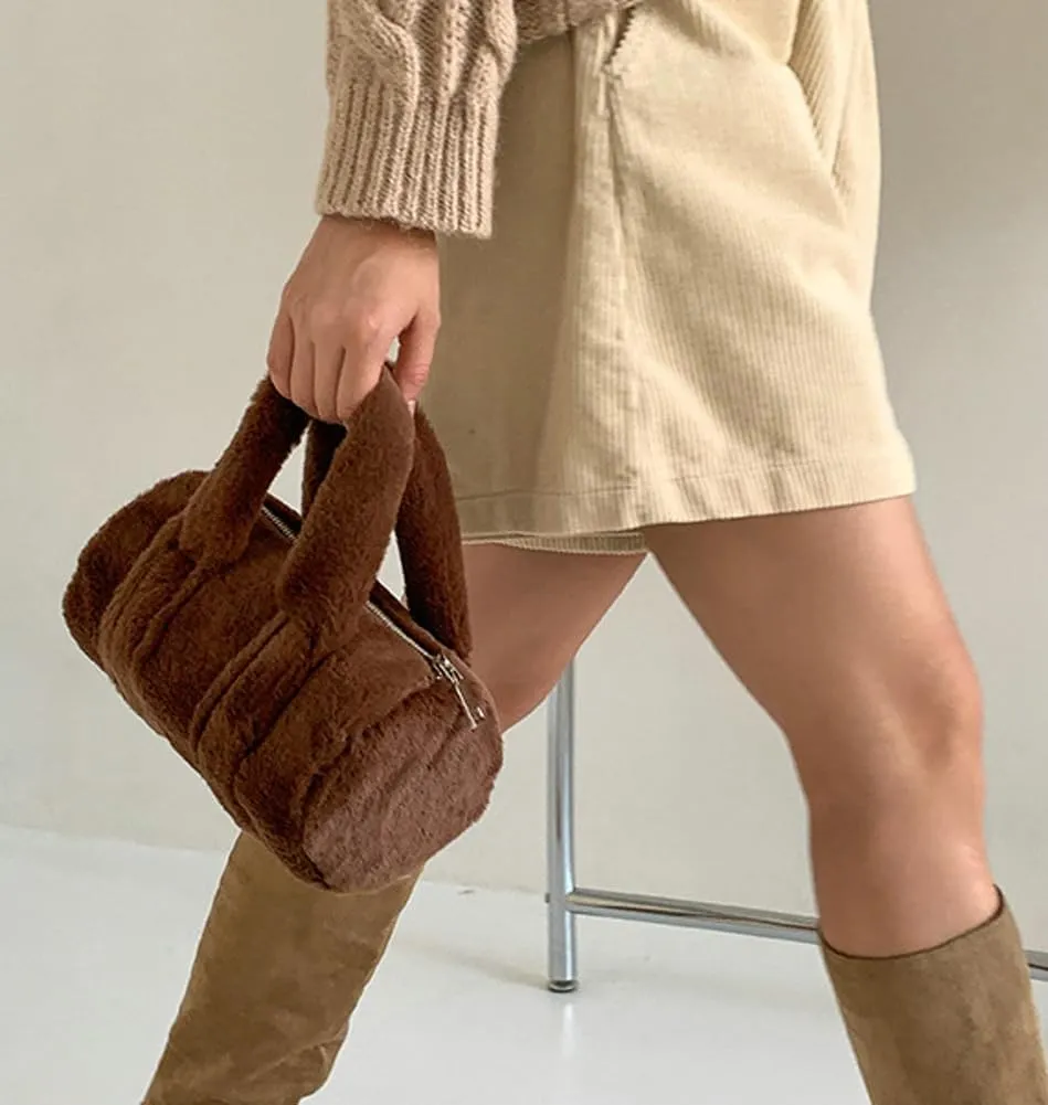 Fluffy Purse for Women Furry Cylindrical Handbag Faux Fur Small Totes Cute Fuzzy Ladies Purse Satchel for Winter Fall