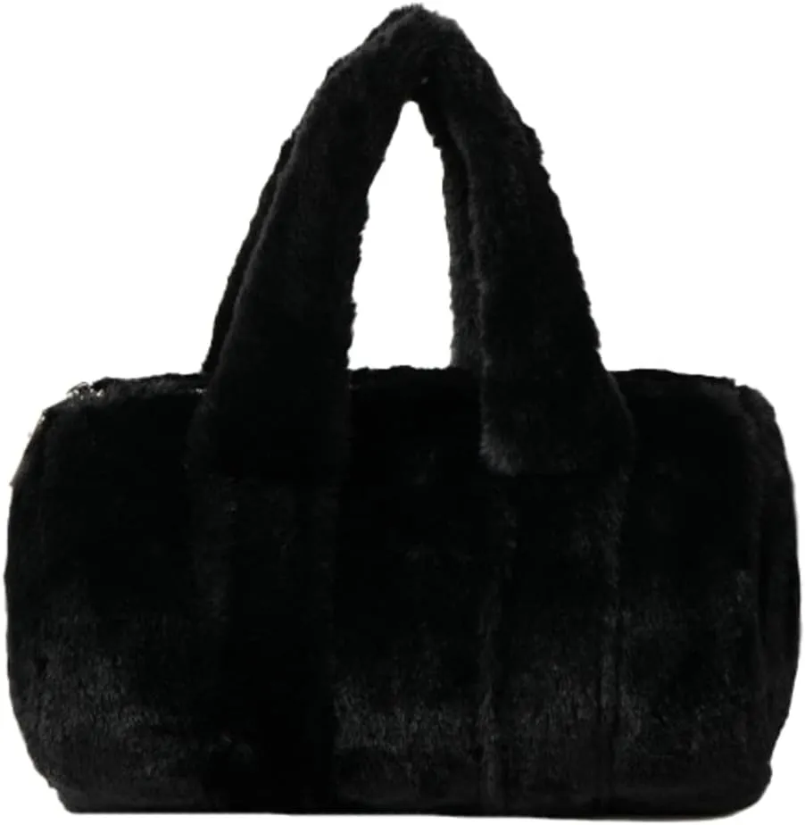 Fluffy Purse for Women Furry Cylindrical Handbag Faux Fur Small Totes Cute Fuzzy Ladies Purse Satchel for Winter Fall
