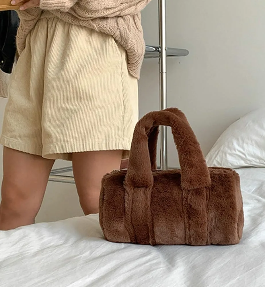 Fluffy Purse for Women Furry Cylindrical Handbag Faux Fur Small Totes Cute Fuzzy Ladies Purse Satchel for Winter Fall