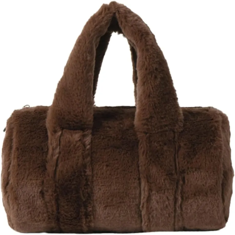 Fluffy Purse for Women Furry Cylindrical Handbag Faux Fur Small Totes Cute Fuzzy Ladies Purse Satchel for Winter Fall