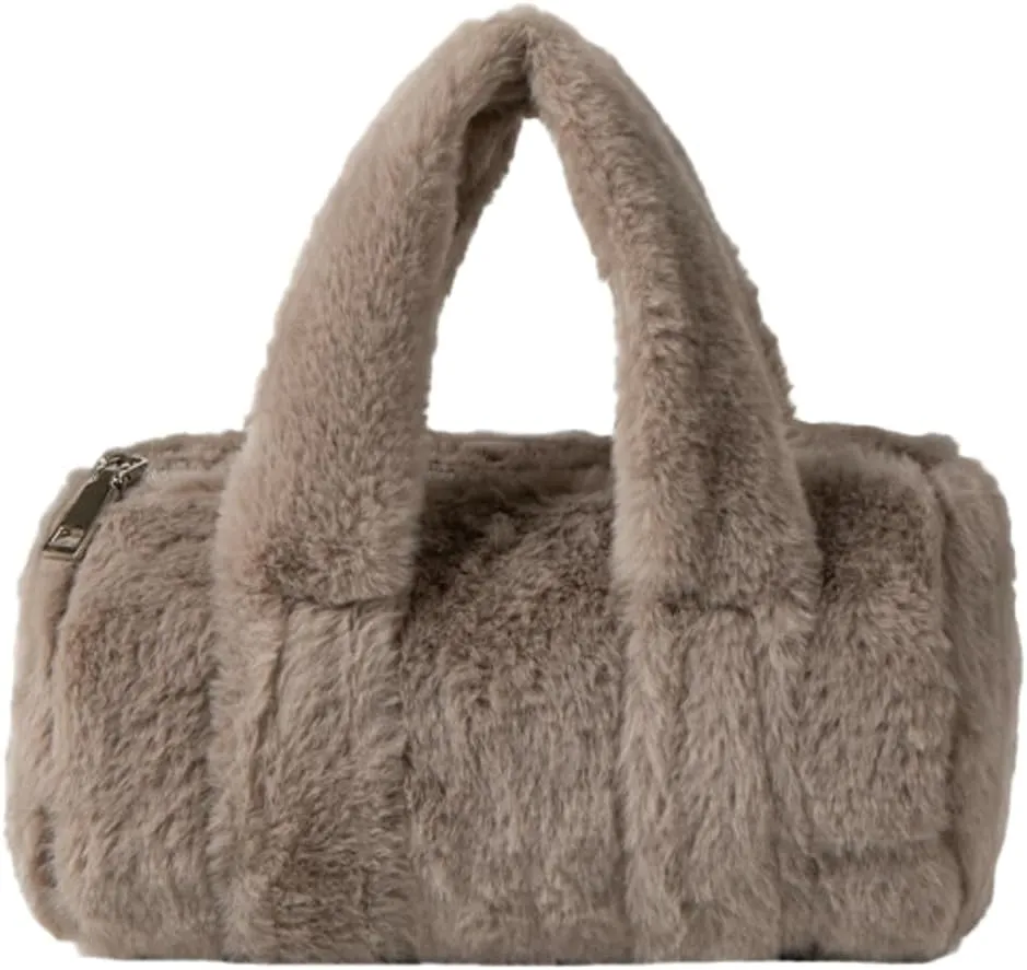 Fluffy Purse for Women Furry Cylindrical Handbag Faux Fur Small Totes Cute Fuzzy Ladies Purse Satchel for Winter Fall