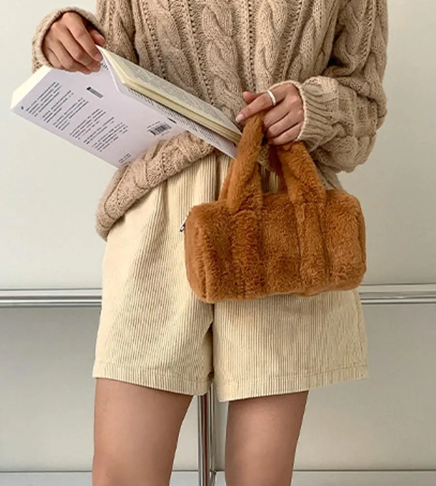 Fluffy Purse for Women Furry Cylindrical Handbag Faux Fur Small Totes Cute Fuzzy Ladies Purse Satchel for Winter Fall