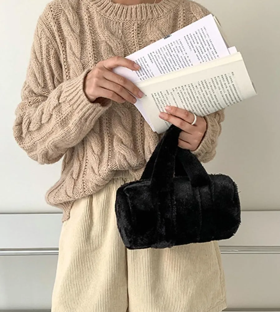 Fluffy Purse for Women Furry Cylindrical Handbag Faux Fur Small Totes Cute Fuzzy Ladies Purse Satchel for Winter Fall