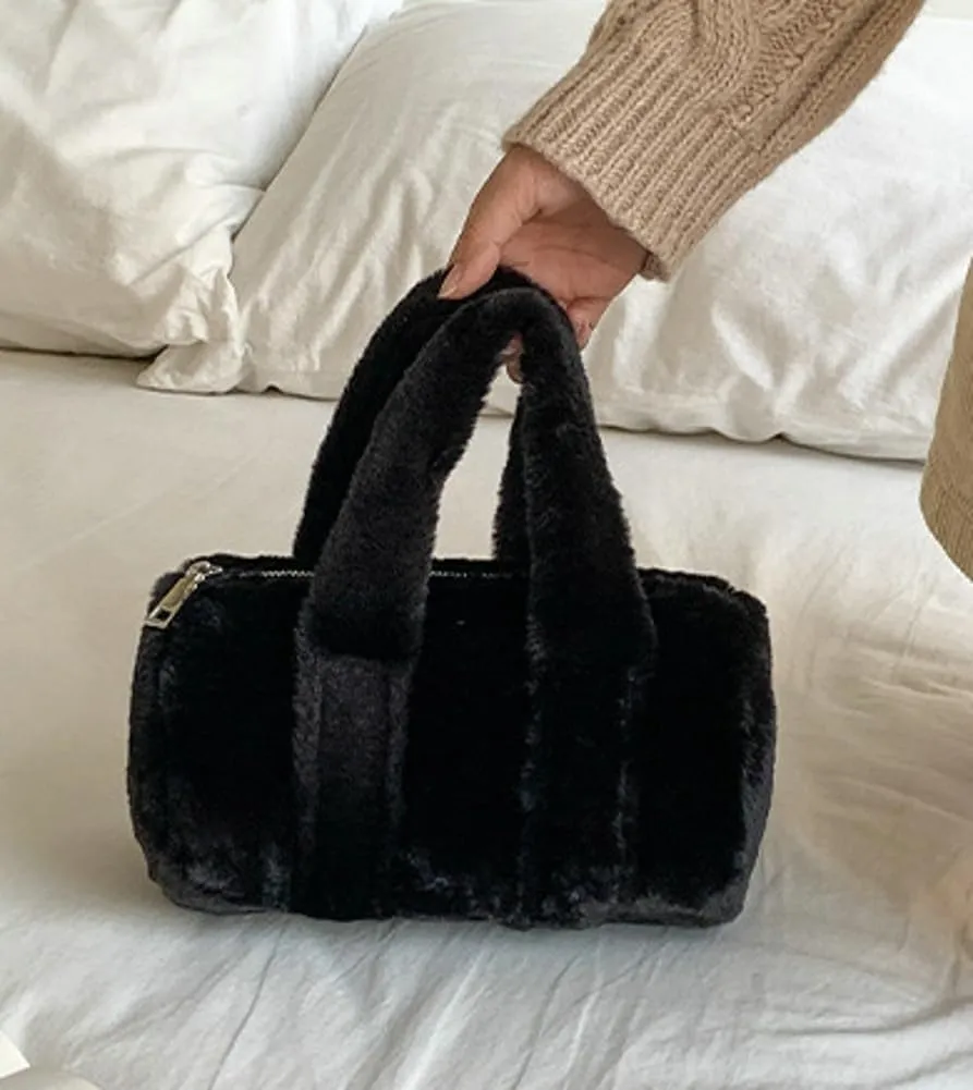 Fluffy Purse for Women Furry Cylindrical Handbag Faux Fur Small Totes Cute Fuzzy Ladies Purse Satchel for Winter Fall