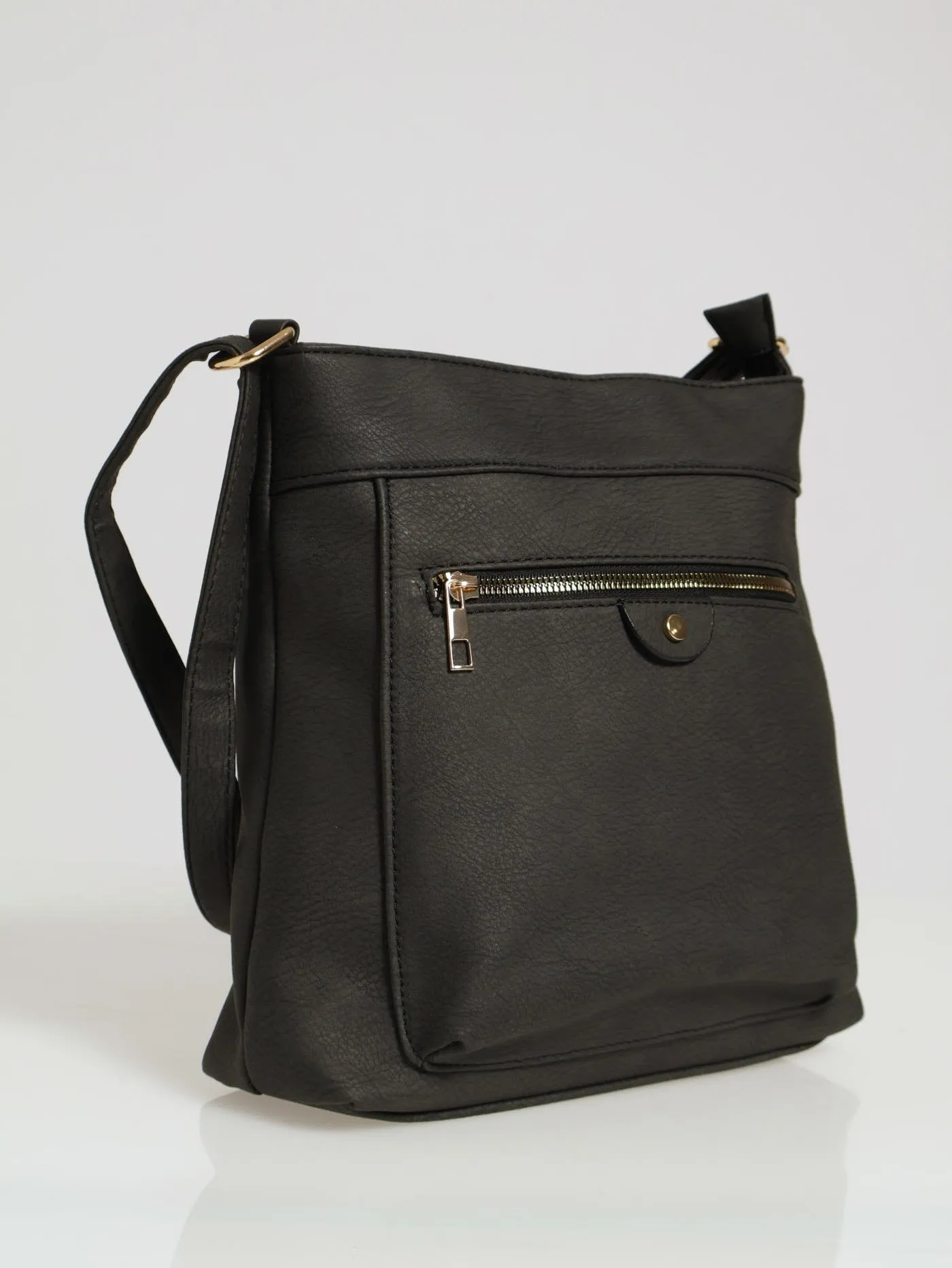 Front Zip Messenger Bag - Black